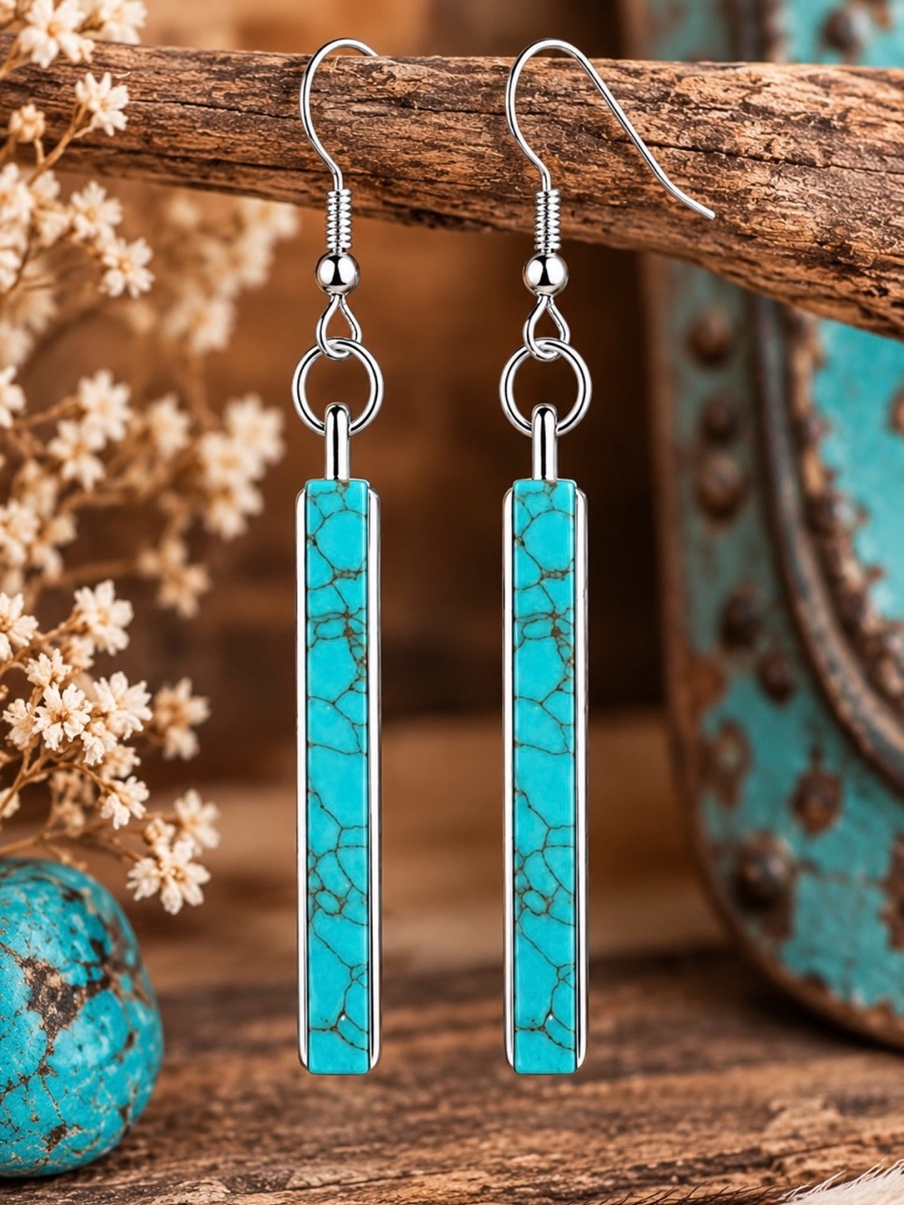 Turquoise Bar Drop Earrings – Silver Tone